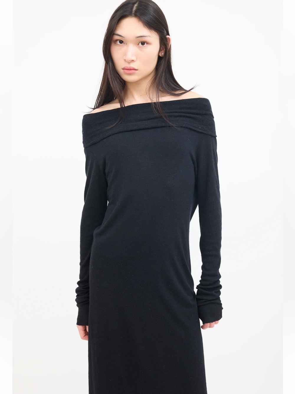 Rick Owens Lilies dark gray knit midi dress long sleeve fold collar cowl neck 10 - Picture 3 of 16